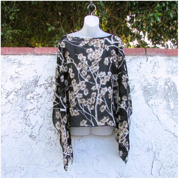 Matty M black sheer floral scarf blouse M/L